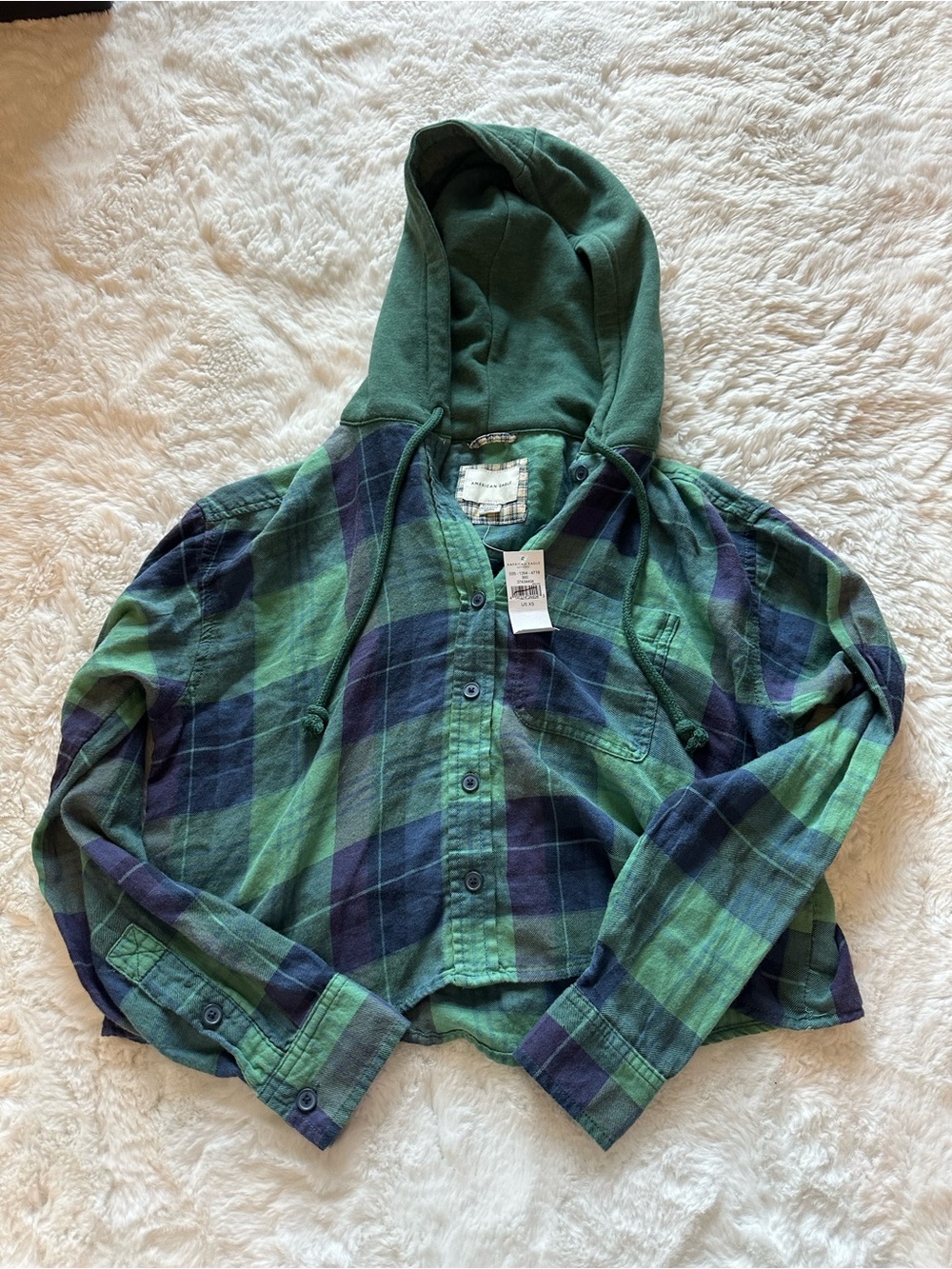 American Eagle Outfitters Green and Navy Plaid Hooded Crop Top Shirt